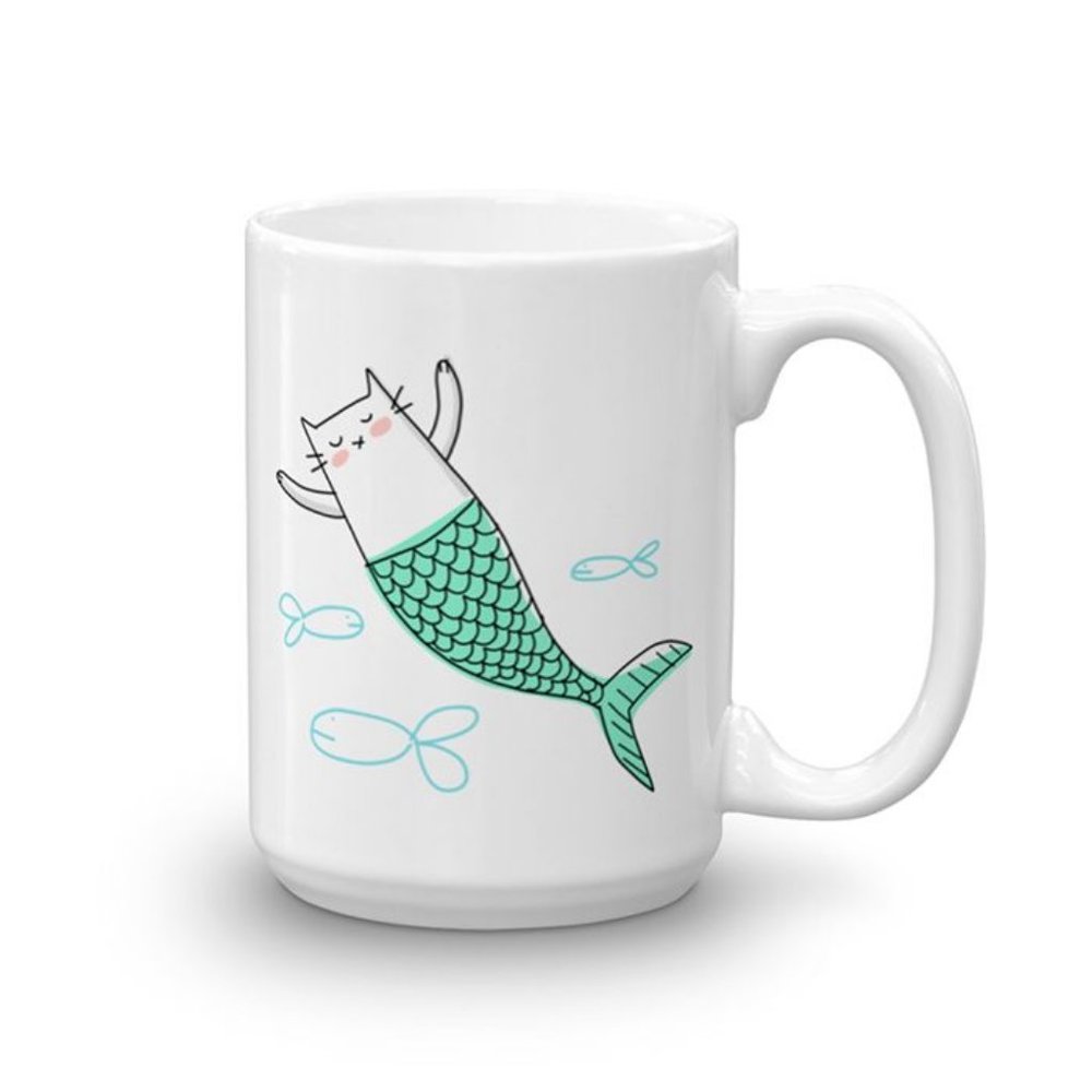 Cat Fish Cat Mermaid Coffee Mug, Funny Tea Cup 11oz